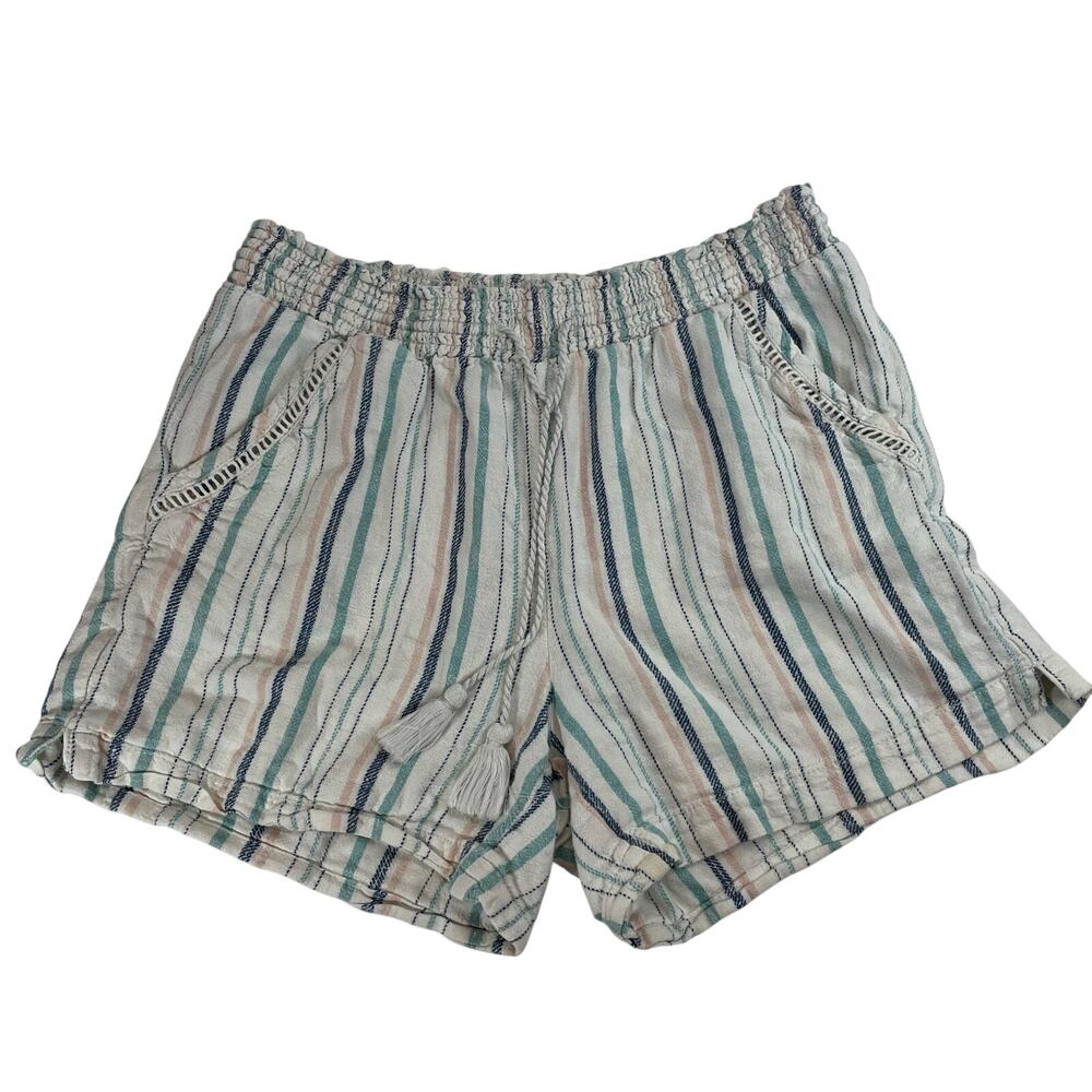 Briggs Women’s Medium Linen Blend Striped Pull On Shorts Tassel Crochet Blue